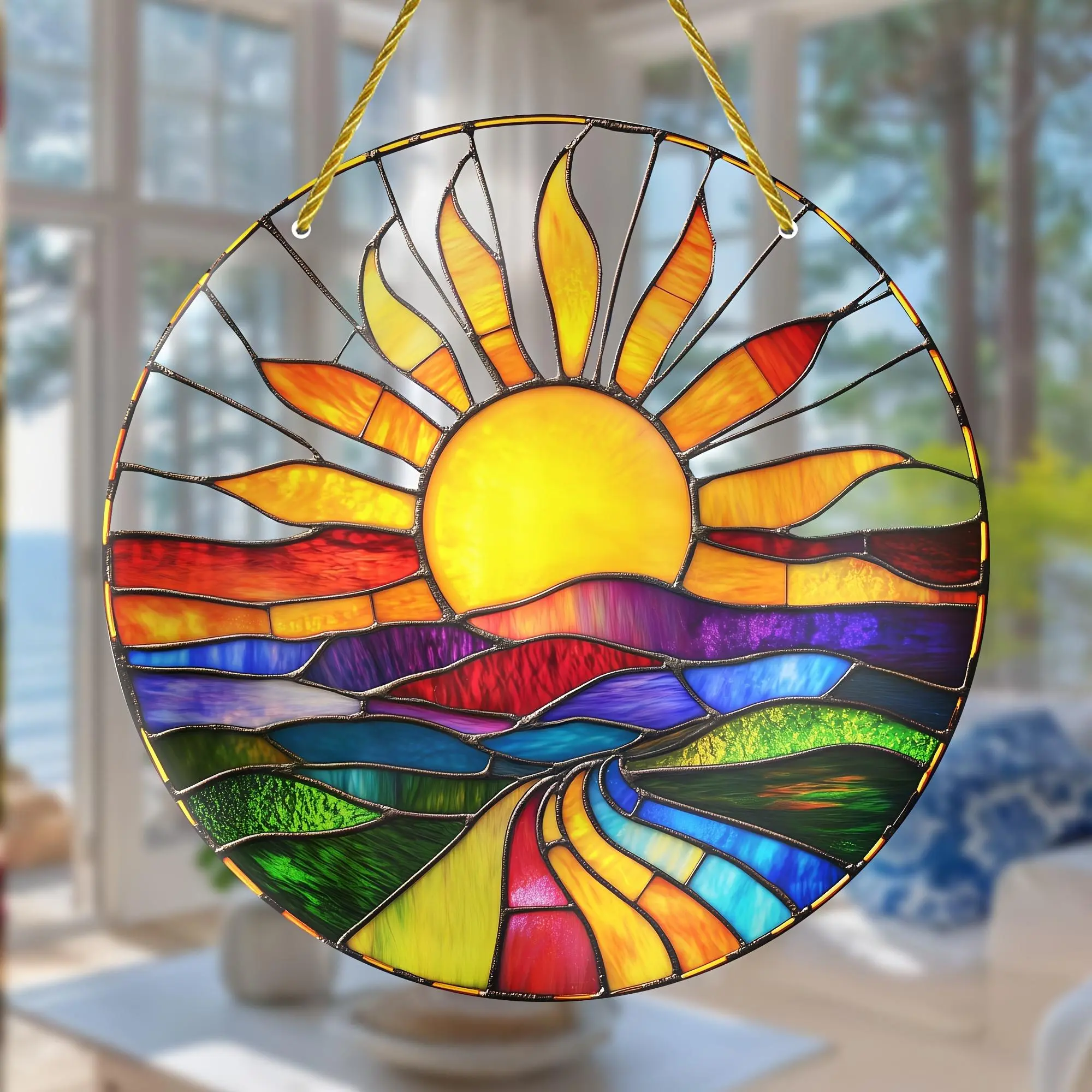 Sunflower Pattern Round Hanging Decoration, Colorful Sunflower Pattern Hanging Ornament, Garden Decoration Supplies for Home Garden