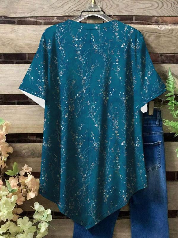 【Plus Size】 Floral Print Tee, Casual Short Sleeve Round Neck T-shirt for Summer, Women's Plus Size Clothing for Daily Wear 4