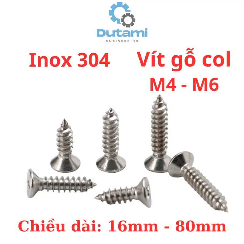 Vít răng thưa bắn gỗ, vít bắt tắc kê inox 304 đầu bằng size M4 M5 M6 6