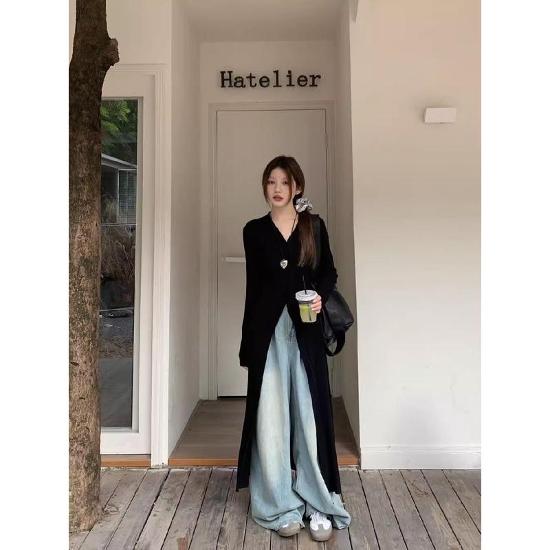 Product Introduction of Idle style V-neck long-sleeved cardigan single-breasted T-shirt skirt women's new fashionable elegant slim slimming mid-length top Casual Womenswear Dress Lingerie 3