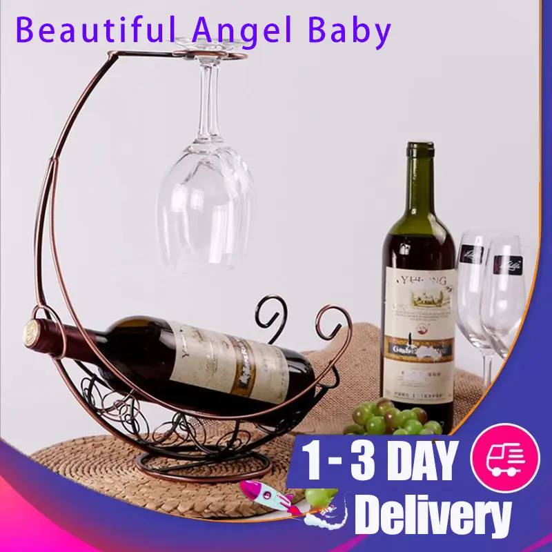 Retro Wine Bottle Holder Wine Rack Champagne Bottles Stand Glass Cup Holder Display Hanging Drinking Glasses Stemware Rack Shelf