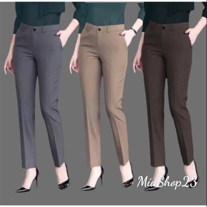 Quần tây nữ công sở cạp lưng cao liền màu Đen Xám Xanh Than dáng dài ống Đứng khóa kéo Quần Vải tuyết mưa mềm Mịn Mặc Đi Học làm thanh lịch Ong Women quan  baggynu