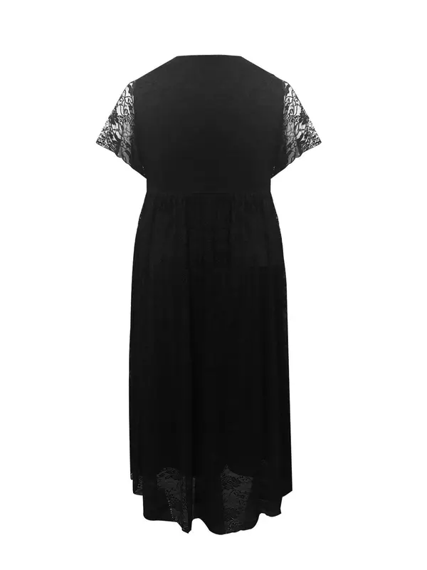 【Plus Size】 Solid Color Lace Trim Hem Tulle Dress, Elegant Long Sleeve Round Neck Dress for Party Wedding Guest, Women's Clothes for Spring & Fall 1