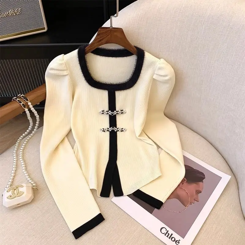 Áo Lớp Nền Dệt Kim, Cổ Vuông Màu Đen Cao Cấp, Dành Cho Nữ, Bộ Sưu Tập Thu Đông, Phong Cách Trung Quốc Mới, Áo Có Cúc Thắt Nút Trung Quốc Áo Len Ngắn, Hàng Mới Về, 2024 1