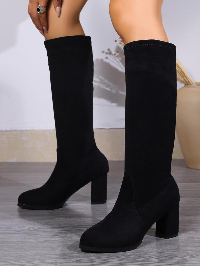 Product Introduction of Women's Solid Color Chunky Heel Boots, Fashionable Pointed Toe Knee Boots for Daily Wear, Comfortable and Durable Boots for Women & Girls 9