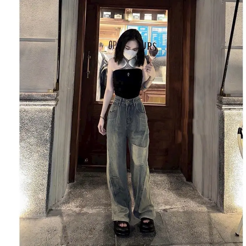 Quần Jeans Nữ Ống Rộng Phối Màu xinh cá tính 1