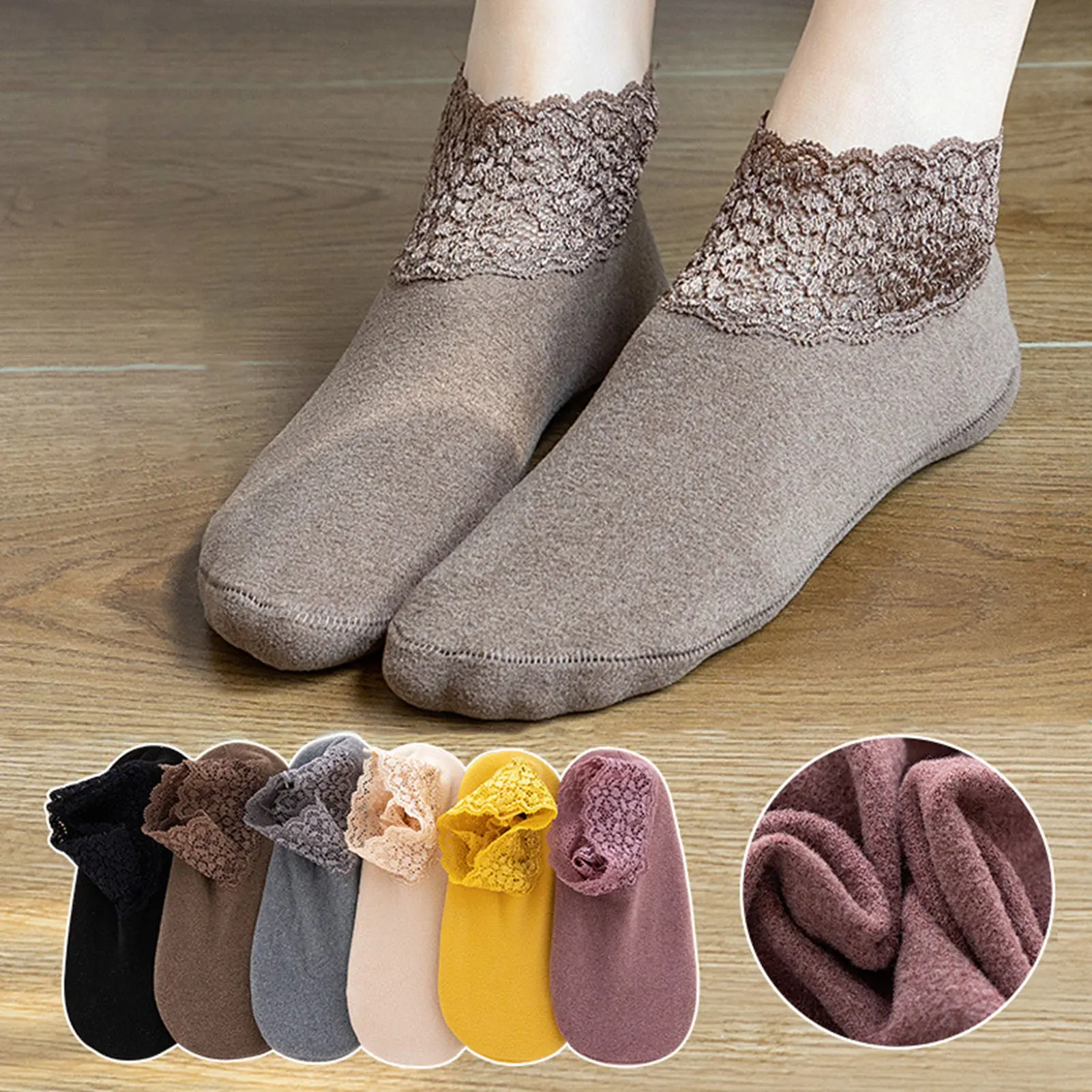 Tất Mắt Cá Chân, 1 Đôi, Siêu Mềm, Viền Ren, Không Trơn Trượt, Đàn Hồi Cao, Thân Thiện Với Làn Da, Giữ Nhiệt, Màu Trơn Co Giãn Dày, Thích Hợp Cho Phụ Nữ, Tất Đi Trong Nhà, Đồ Dùng Gia Đình