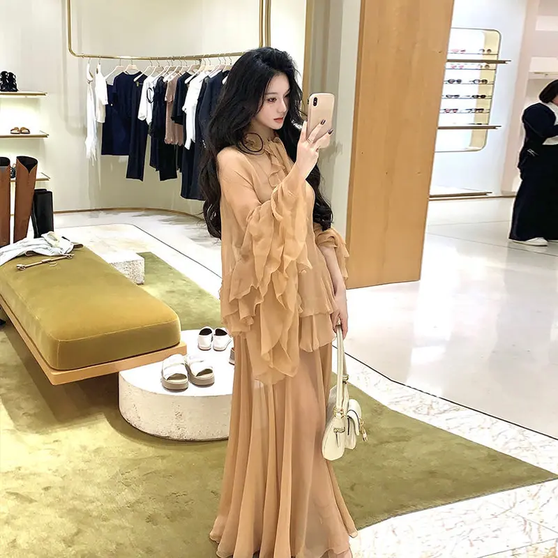 Bộ Đồ Voan, Thiết Kế Độc Đáo Cao Cấp, Phong Cách Pháp Thanh Lịch Và Đẹp Mắt, Giá Cả Phải Chăng, Thích Hợp Cho Mùa Thu Đầu Tiên Của Năm 2024, Với Thiết Kế Rỗng Phía Sau 7