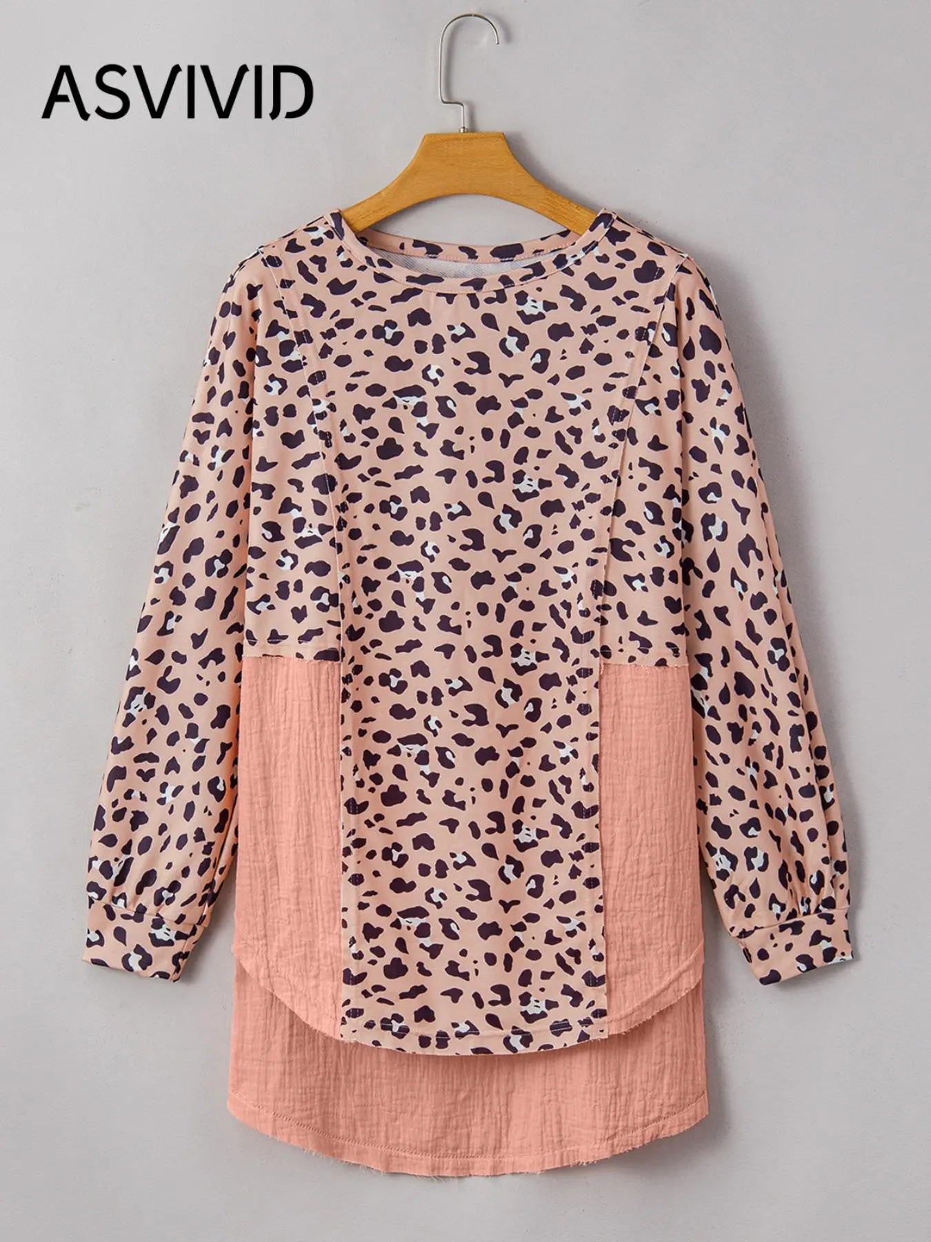 Women's Leopard Patchwork Print Raw Hem High Low Hem Pullover, Casual Long Sleeve Round Neck Sweatshirt for Fall & Winter,  Leopard Print Clothing, Ladies Clothes for Daily Wear, Going Out Tops