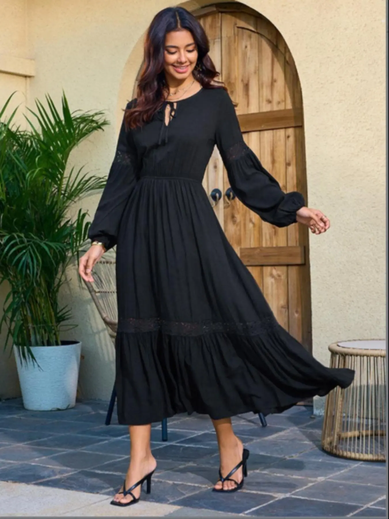 Women's Contrast Lace Bishop Sleeve Tie Neck A-line Long Dress, Casual Modest Flared Dresses for Spring, Women's Dresses for Daily Wear, Clothes