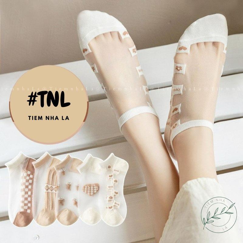 Set 5 Đôi Tất Lưới Trong Suốt Thoáng Khí In Họa Tiết Hoa Phong Cách Thời Trang Cho Nữ
