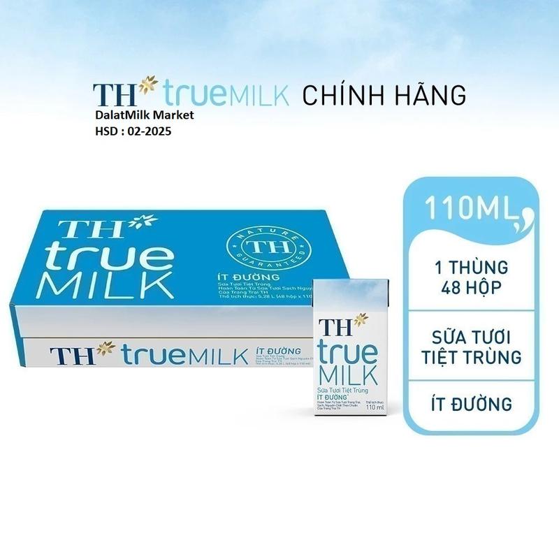 Thùng 48 hộp sữa tươi tiệt trùng TH true MILK ít đường 110 ml 110 ml x 48 Date 11 8 2025 sữa true milk cho bầu sữa tươi cho bà bầu true milk hilo không đường dalat milk sua tuoi ngũ cốc nguyên sữa cho Chua Nho milk