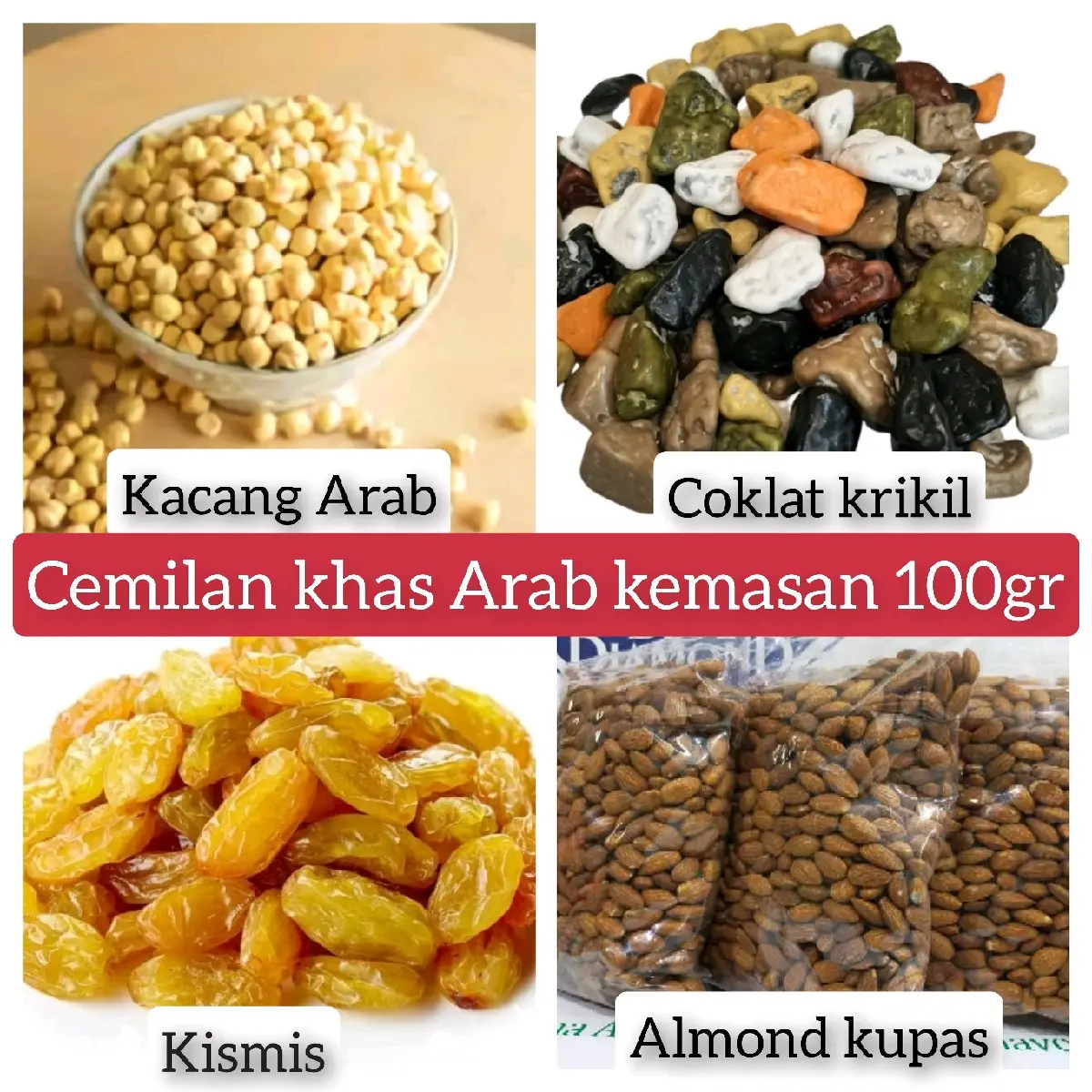 Oleh oleh haji dan umroh 100gr kacang pistachio, almond, kacang arab, coklat kerikil, coklat arab, kurma