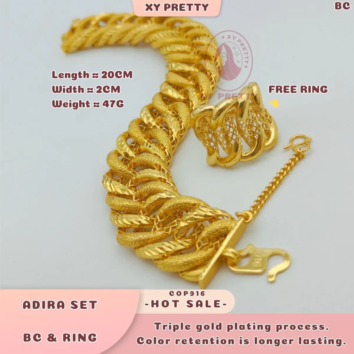 Gelang Tangan dan Cincin, ADIRA, Bersalut Emas Sebenar, Tahan Lama, Hipoalergenik, Diperbuat daripada Titanium, Panjang 20CM, Lebar 2CM, Berat 47G, COP916 Percuma, XYPRETTY