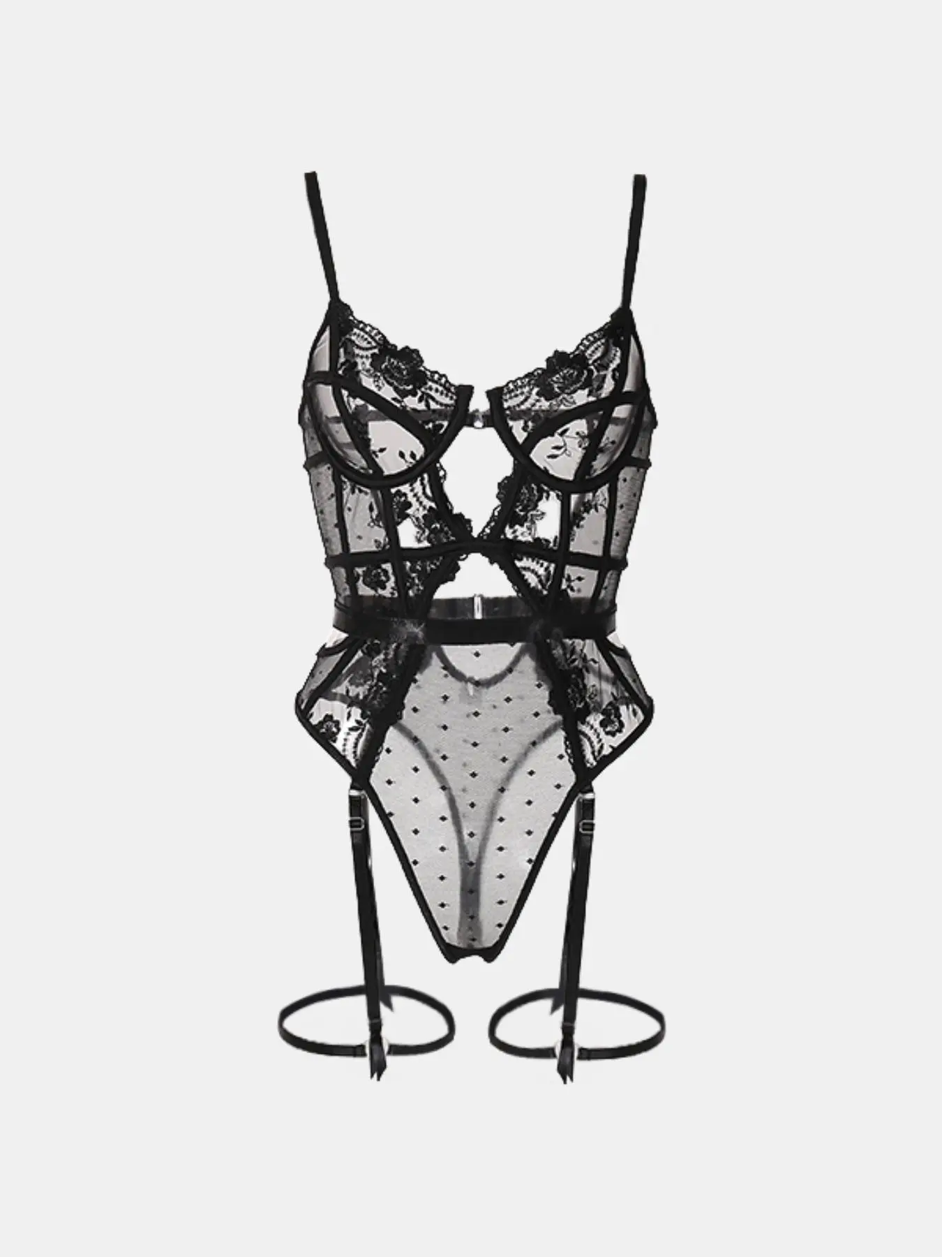 Women's Contrast Lace Sheer Sexy Tulle Lingerie Set, Chic Cut Out Cami Bodysuit & Thigh Garter Set, Ladies Lingerie Set for All Seasons