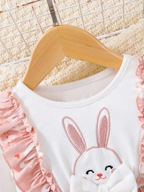 Baby's 2 In 1 Cartoon Rabbit Print Ruffle Trim Long Sleeve Dress, Cute Bow Front Round Neck A Line Dress for Baby Girls, Newborn Infant Kids Spring & Fall Clothes 4