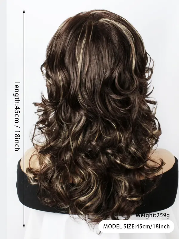 18 Inch Mixed Color Long Wavy Wigs For Women, Gorgeous Fluffy Wigs With Bangs, Synthetic Full Machine Wigs For Parties, Daily Use 1