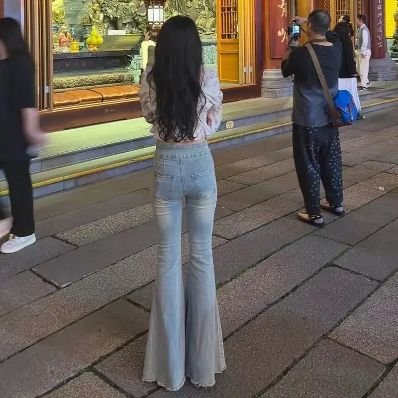 Quần Dài Jean Ống Loe, Màu Sáng Phong Cách Cổ Điển Cạp Cao Dành Cho Nữ, Hàng Mới Về Mùa Thu, Thiết Kế Cạnh Thô Đã Giặt, Bó Sát Vừa Vặn, Quần Móng Ngựa 3