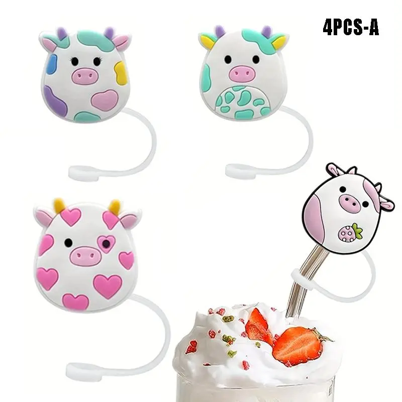 Cute Cartoon Animal Design Straw Lid, 4pcs/6pcs Reusable Silicone Straw Tip Cover for 7-8mm Straw, Drinkware Accessories 2