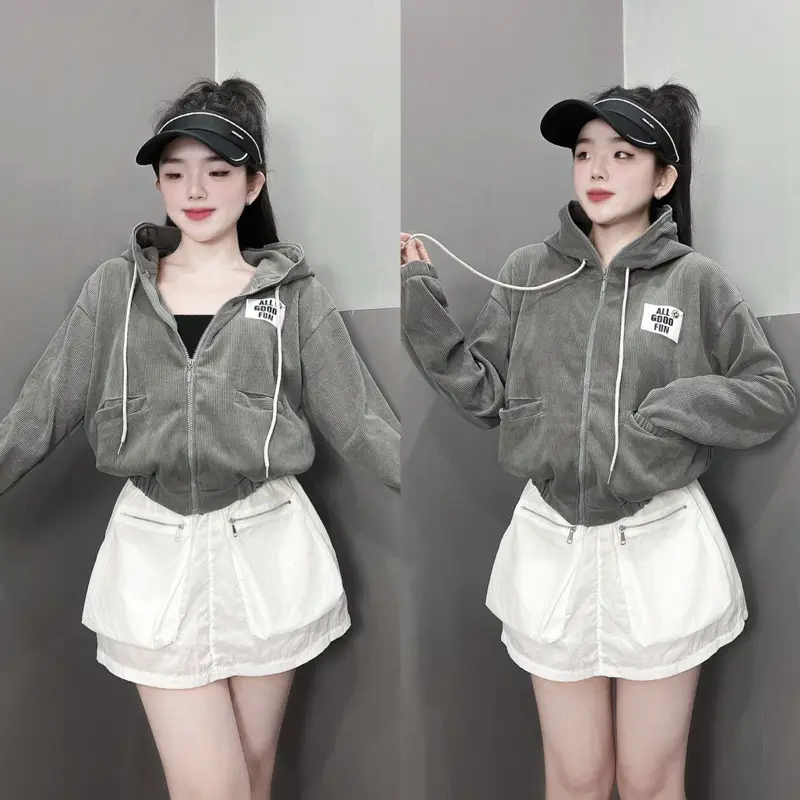 [TD] Áo khoác nhung Thun Gân Thêu Mặt Cười 4 Túi dễ thương rất hot-A2075