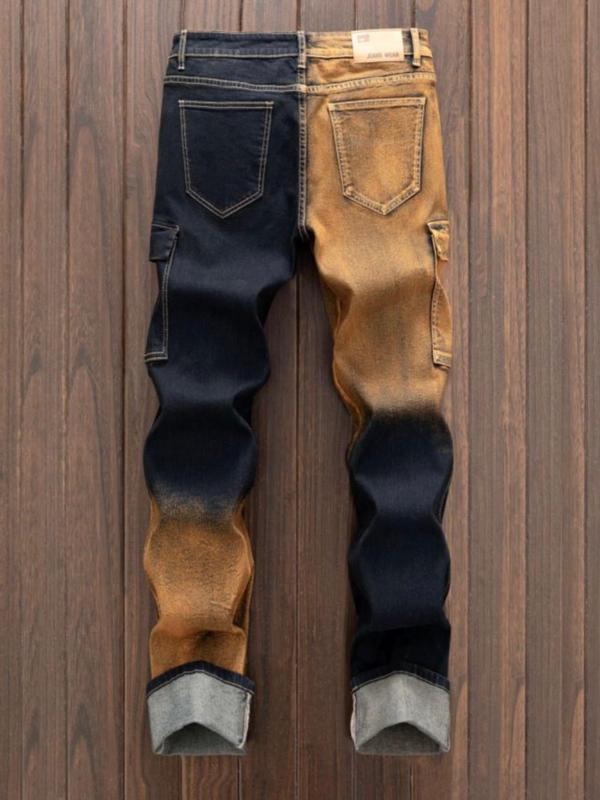 Men's Colorblock Denim Jeans, Regular Fit Casual Comfy Fashion Jeans for Daily Wear, Men's Bottoms for All Seasons, Cotton 1