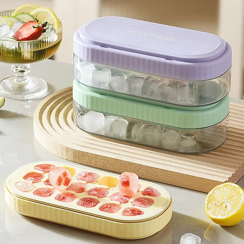 Ice Lattice Ice Cube Tray With Lid And Bin Ice Cube Trays For Household Kitchen Freezer Pressing 18 Grids Ice Cube Mold