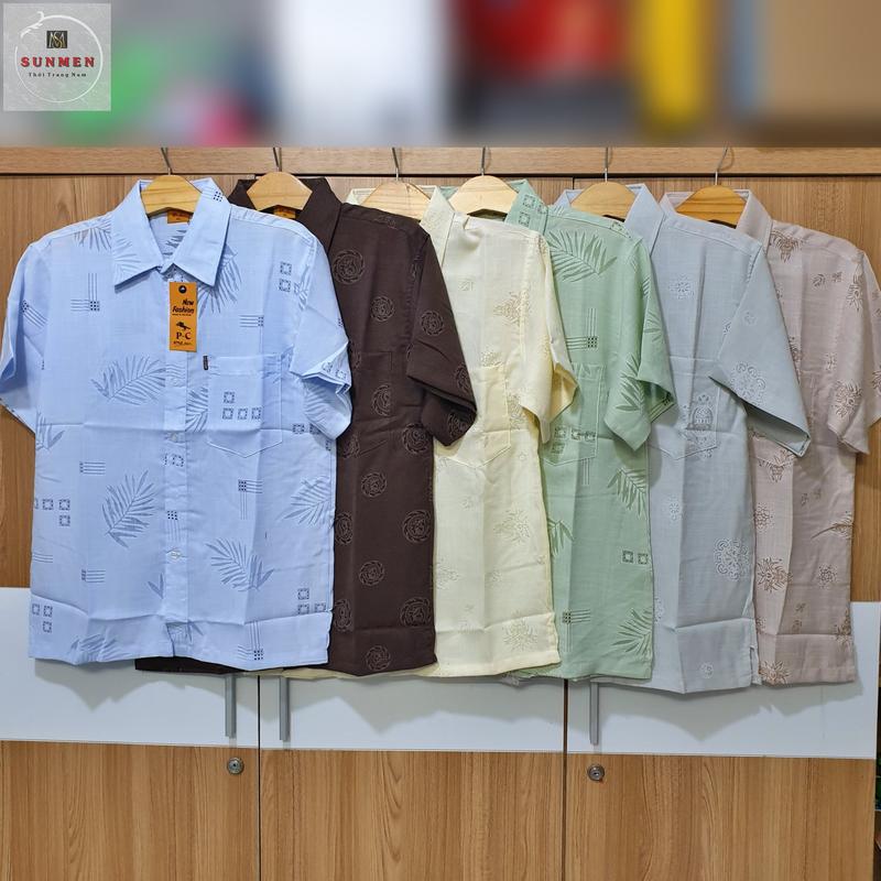 Áo Sơ Mi Nam Trung Niên Tay Ngắn Chất Vải Đũi Cao Cấp Siêu Mát From Rộng Rãi Thoải Mái In Họa Tiết Đẹp Size Từ 50-90kg Menswear Shirt Có Cổ Đen sominam  dep