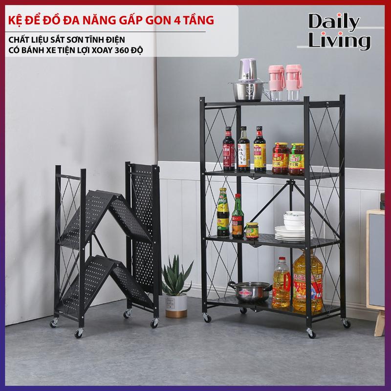 Kệ Sắt Để Đồ Đa Năng Nhà 4 Tầng Gấp Gọn Tiện Lợi, Kệ Để Lò Vi Sóng Chât Liệu Sắt Tĩnh Điện Có Bánh Xe Di Chuyển