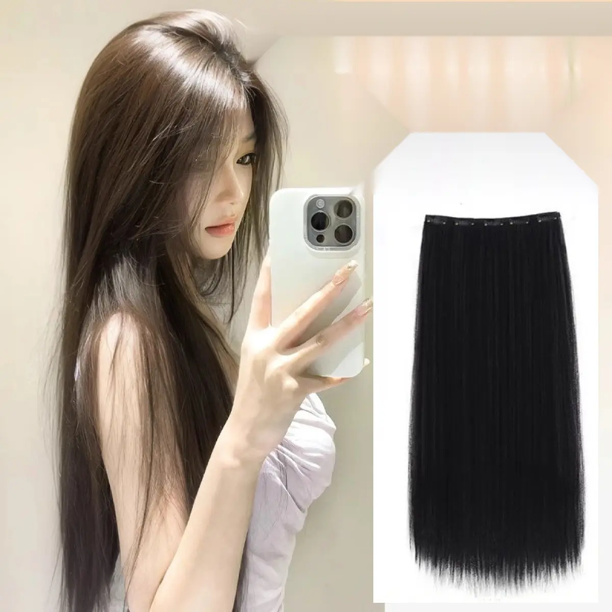 Rambut Palsu Wanita, Rambut Lurus Panjang, Tidak Nampak dan Lancar, Set Rambut Palsu Rambut Panjang Sehelai
