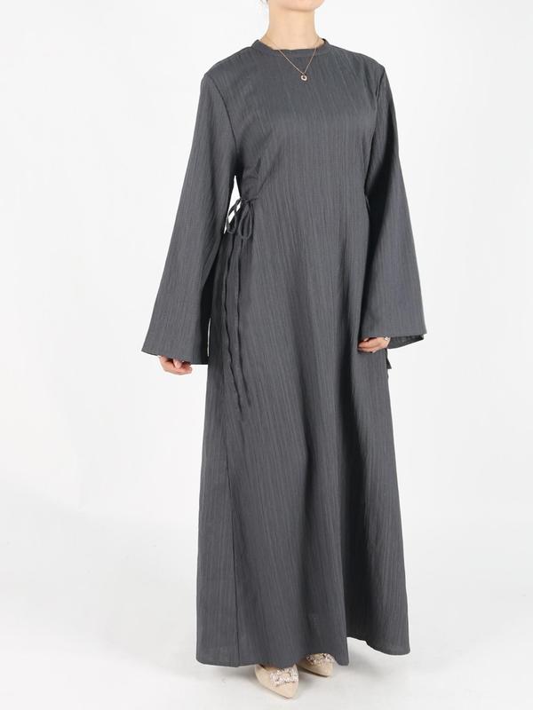 Women's Plain Tie Front Flounce Sleeve Dress, Elegant Long Sleeve Round Neck Dress for Spring & Fall, Women's Clothing for Daily Wear, Modest Clothes 8