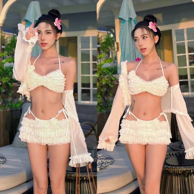 Bikini đồ bơi đi biển 4 món bèo tầng đính hoa chất lưới tiểu thư sang chảnh MS567