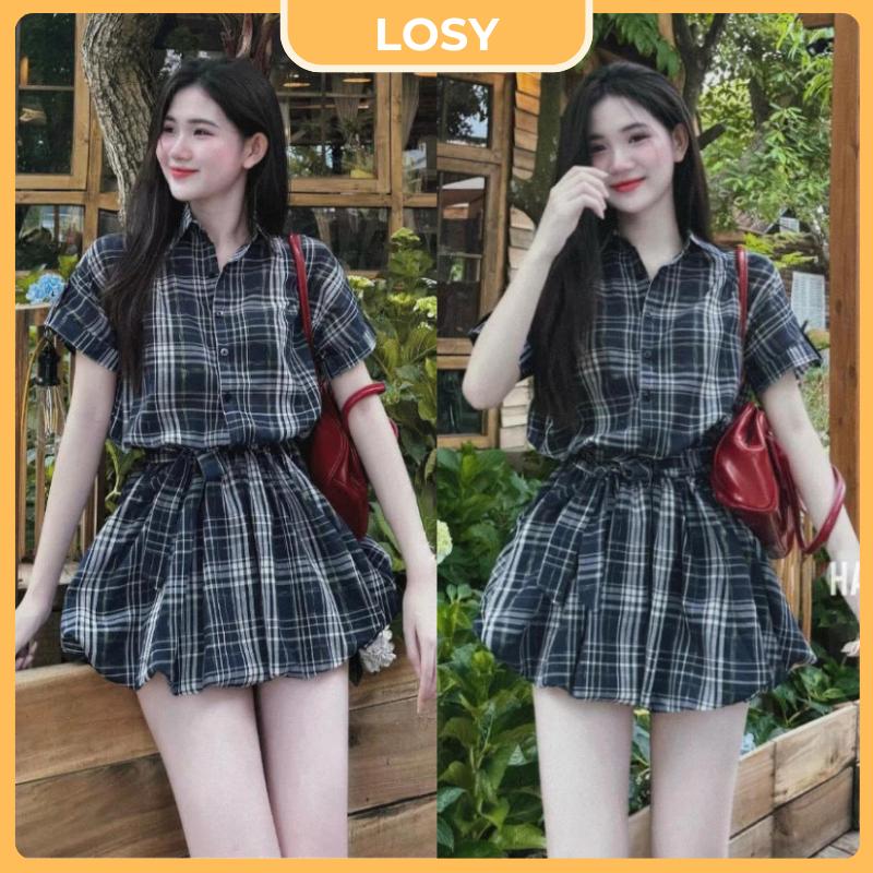 ￼Váy nữ liền thân kẻ caro tay ngắn dáng bí kèm đai lưng , sét áo sơ mi liền thân cổ sơ mi trendy by LOSY Women Dress