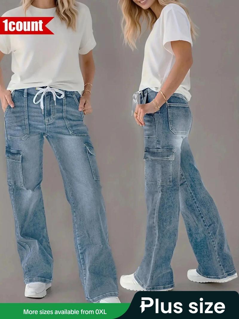 Product Introduction of 【Plus Size】 Solid Tie Front Pocket Cargo Jeans, 1 Count Casual Street Fashion Denim Pants for Daily Wear, Women's Bottoms for All Seasons 1