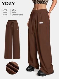 YOZY Women's Solid Color Patched Drawstring Waist Wide Leg Pants, Casual Elastic Waist Pocket Trousers for Daily Wear, Ladies Bottoms for All Seasons