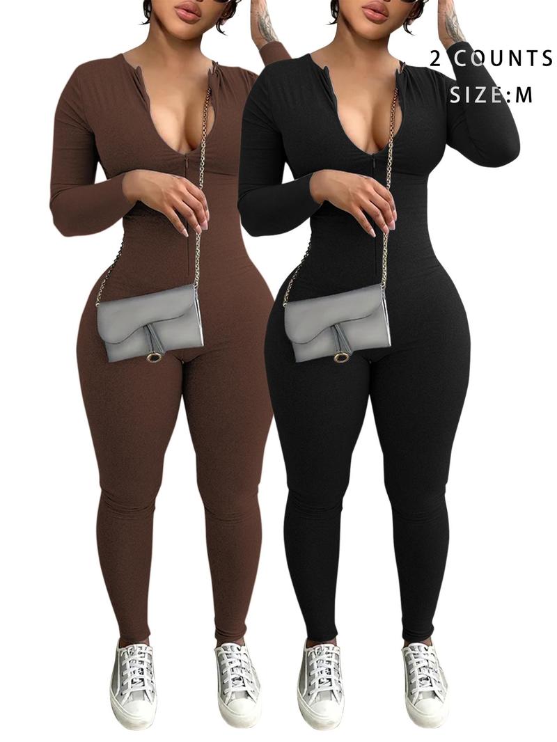 Product Introduction of Women's Solid Color Zip Up Skinny Jumpsuit Set, Casual Long Sleeve Round Neck Jumpsuit Set for Daily Wear, Ladies Clothes for All Seasons 7