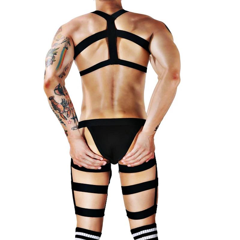 Product Introduction of Male Erotic Fetish Costume Strap Lingerie Body Harness Stockings Sexy Mens Jockstrap Thigh Suspender Briefs with Bandage Belt 2