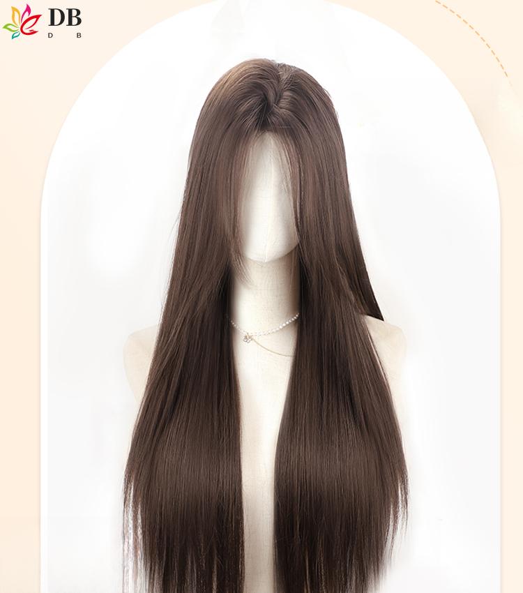 Product Introduction of Wig renda dahi untuk wanita dengan rambut lurus panjang gaya rambut kepala penuh belahan tengah alami set wig kepala penuh lurus panjang hitam 8