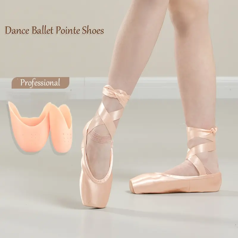 Women Girls Ballet Dance Shoes Satin Slippers Gymnastics Flats Split Sole With Ribbon Plus Toe Pads