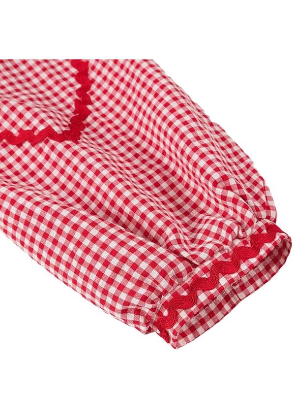 Women's Gingham Print Heart Patched Frill Trim Tie Front Blouse, Casual Checkered Print Drop Shoulder Long Sleeve V Neck Top for Fall & Winter, Women's Clothes for Daily Wear 6