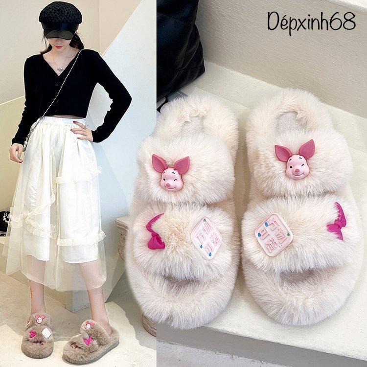 DÉP LÔNG 2QUAI NGANG GẮN STICK 5D HEO HỒNG CỰC KÌ XINH,HOT HIT THU ĐÔNG2023 ĐẾ CAO 5CM TĂNG 1SIZE dép lông loopy