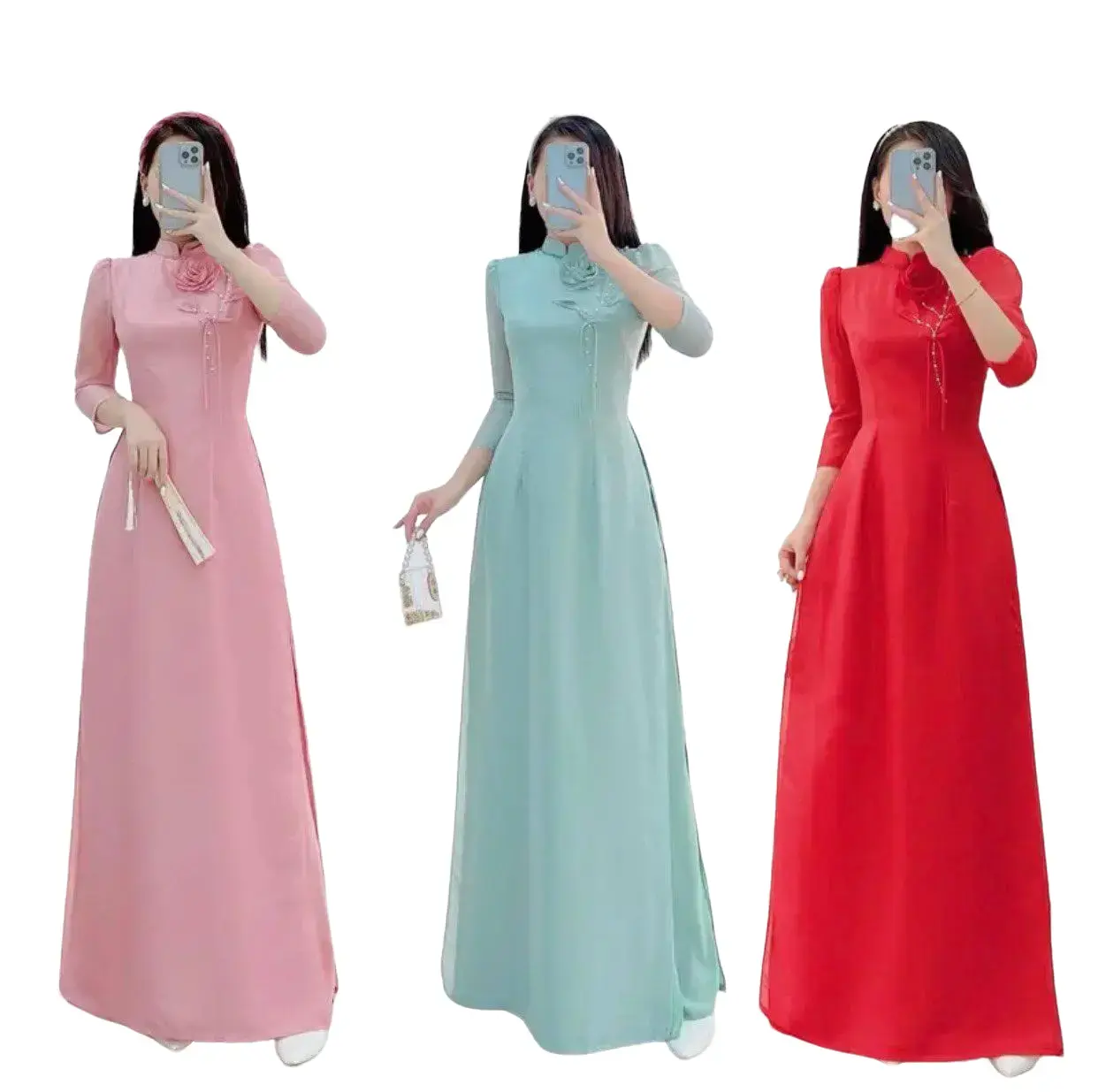 Áo dài tơ óng 4 tà trẻ trung đa dang màu Váy chữ A Nữ Dress Voan Voi