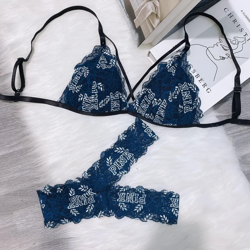 Bộ đồ lót nữ màu xanh phối họa tiết thiết kế quần chữ Y với chất liệu ren co giãn Áo Top Quần Lót Bra Áo Top Viền Ren Nhung Voi Nhung Voi 0