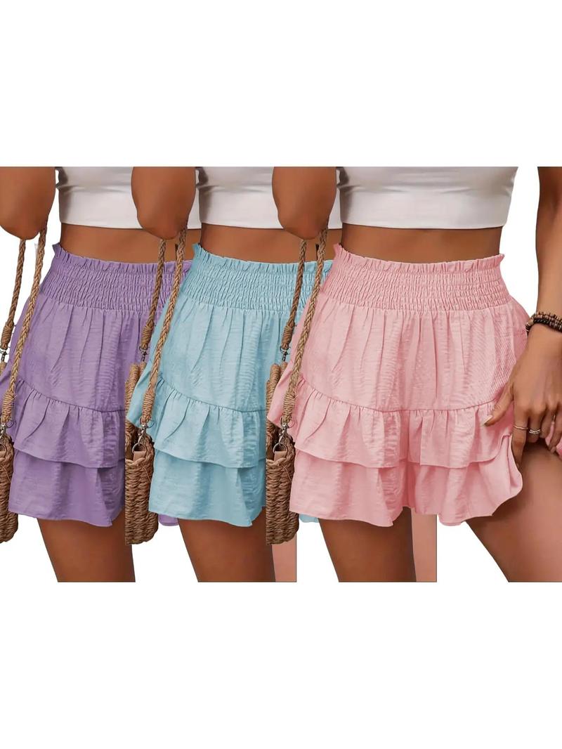 Product Introduction of Women's Frill Trim Ruffle Hem Shirred High Waist Shorts, Casual Tiered Layer Shorts for Fall, Ladies Bottoms for Daily Wear, Downtown Girl Clothes 14