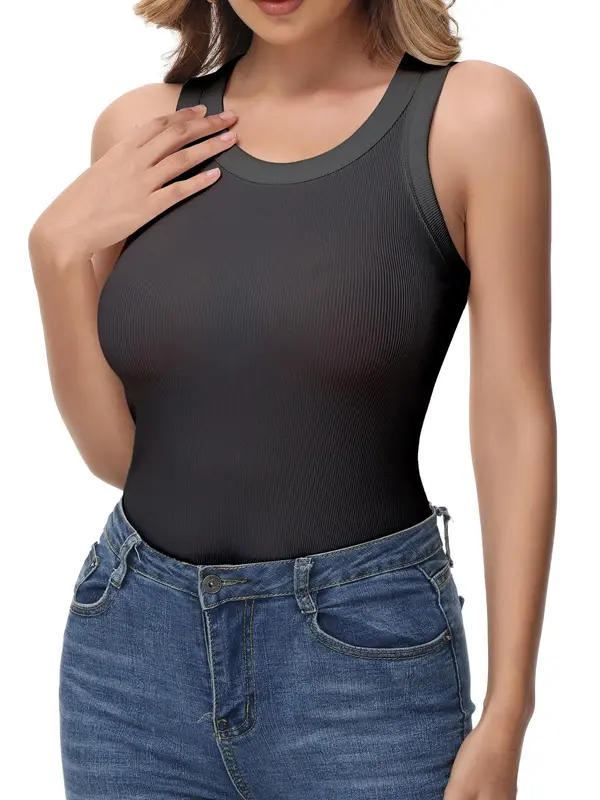 Women's Solid Round Neck Ribbed Tank Top, Casual Sleeveless Top for Daily Wear, Ladies Clothes for All Seasons 5