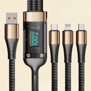 3 in 1 100W 高速充電データケーブル、デジタルディスプレイ付きType-C USB Microデータケーブル、iPhone、Samsung、OPPO、タブレット＆コンピュータアクセサリー対応