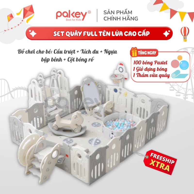 Quây cũi nhựa cho bé PAKEY gấp gọn, Quây tên lửa kèm cầu trượt xích đu Full Set Đồ Chơi Vận Động Cho Bé