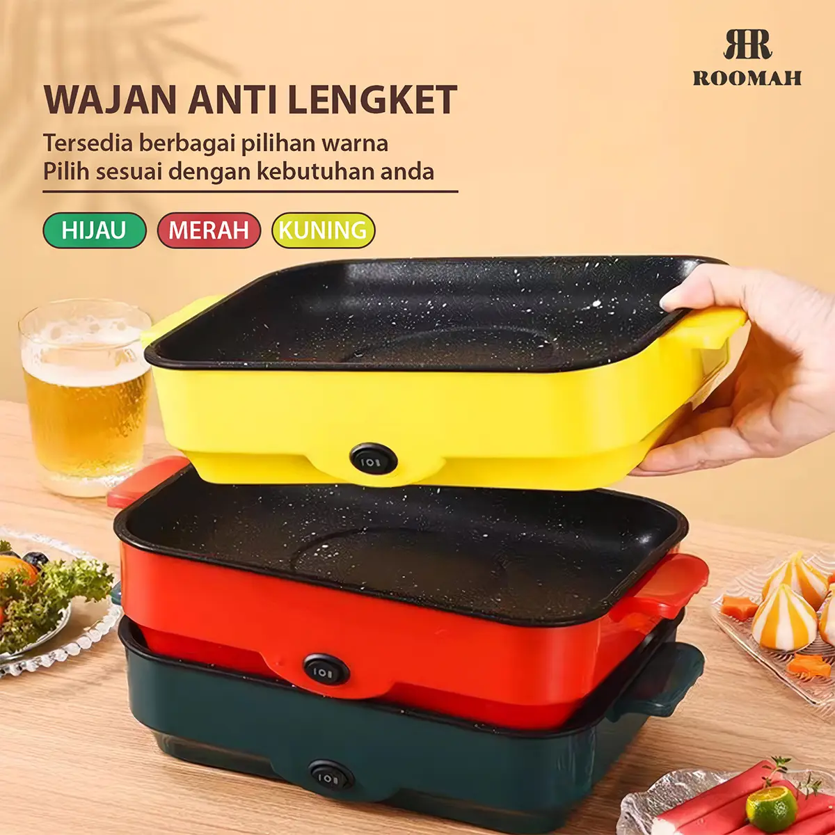 ROOMAH Panggangan BBQ Panci Listrik Multifungsi / Panci Panggang Elektrik Grill Persegi PREMIUM