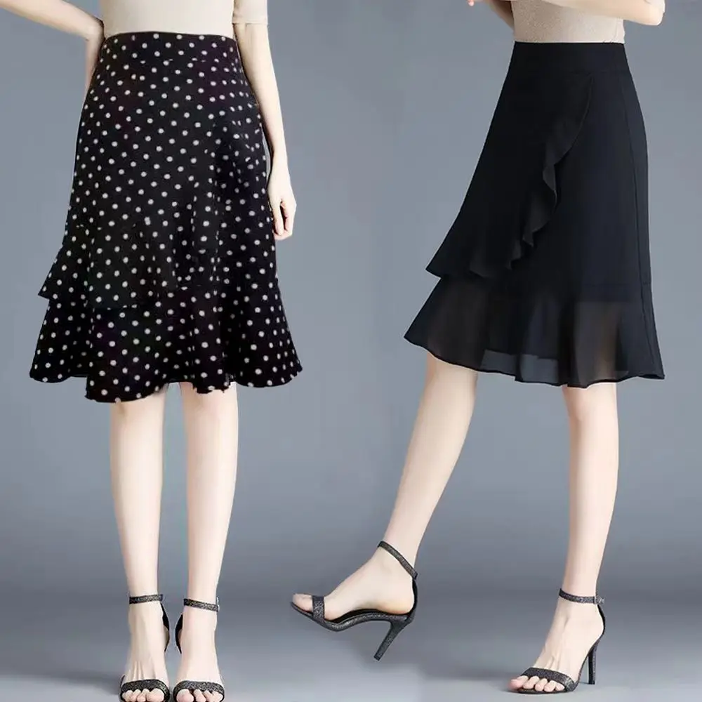 Chân Váy Voan, Màu Đen, Dành Cho Nữ, Cạp Cao, Chữ A, Dài Trung Bình Kiểu Đuôi Cá, Chân Váy Bodycon, Hàng Mới Về Mùa Hè 2023