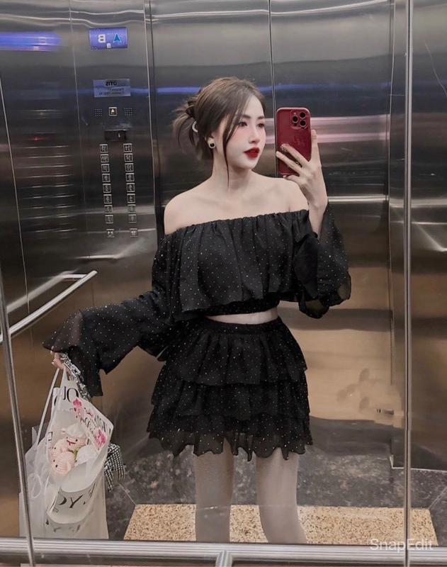  Set Bộ Bling Bling Lấp Lánh Áo Trễ Vai Tay Dài Loe + Chân Váy Ngắn Voan Tầng Cho Nữ Women Top Tay Loe 