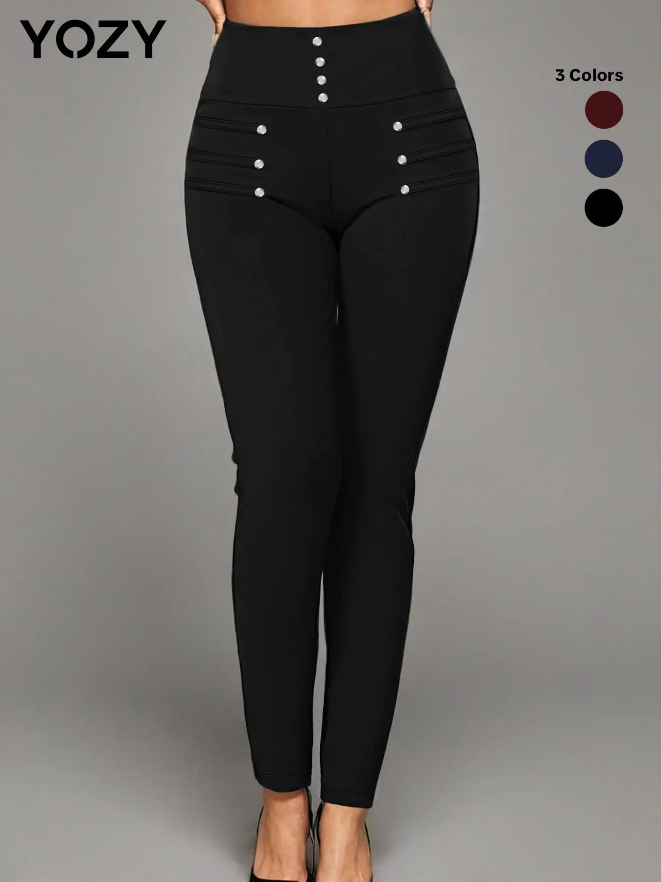 YOZY Women's Double Button High Waist Skinny Pants, Casual Comfy Solid Color Trousers for Daily Wear, Ladies Bottoms for All Seasons